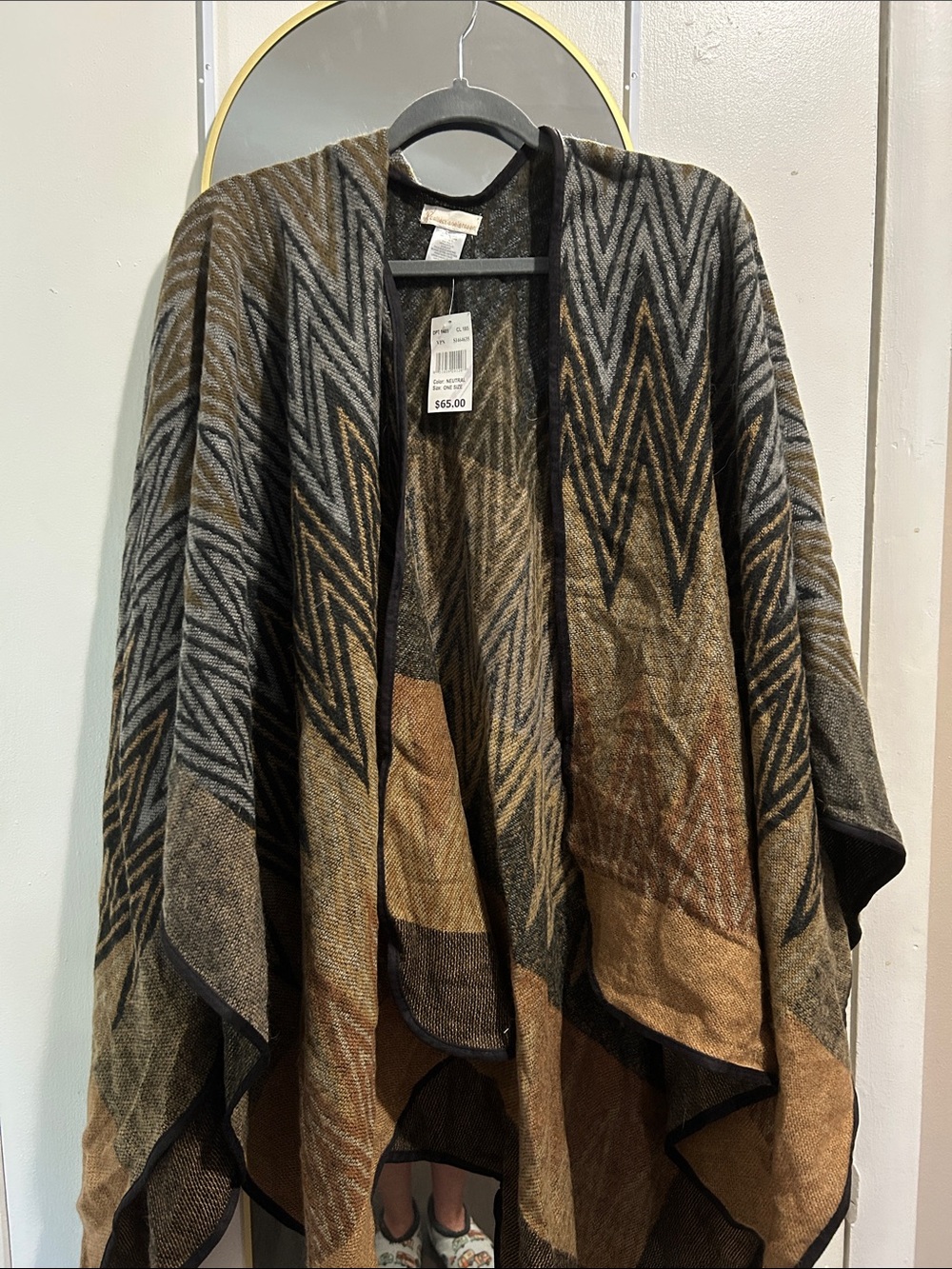 Chevron Knit Cape Poncho in Brown and Gray
